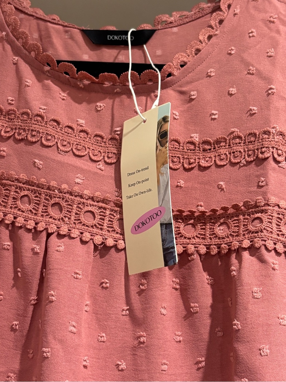 Dokotoo Rose Pink Eyelet Lace Short Sleeve Blouse - Picture 3 of 5